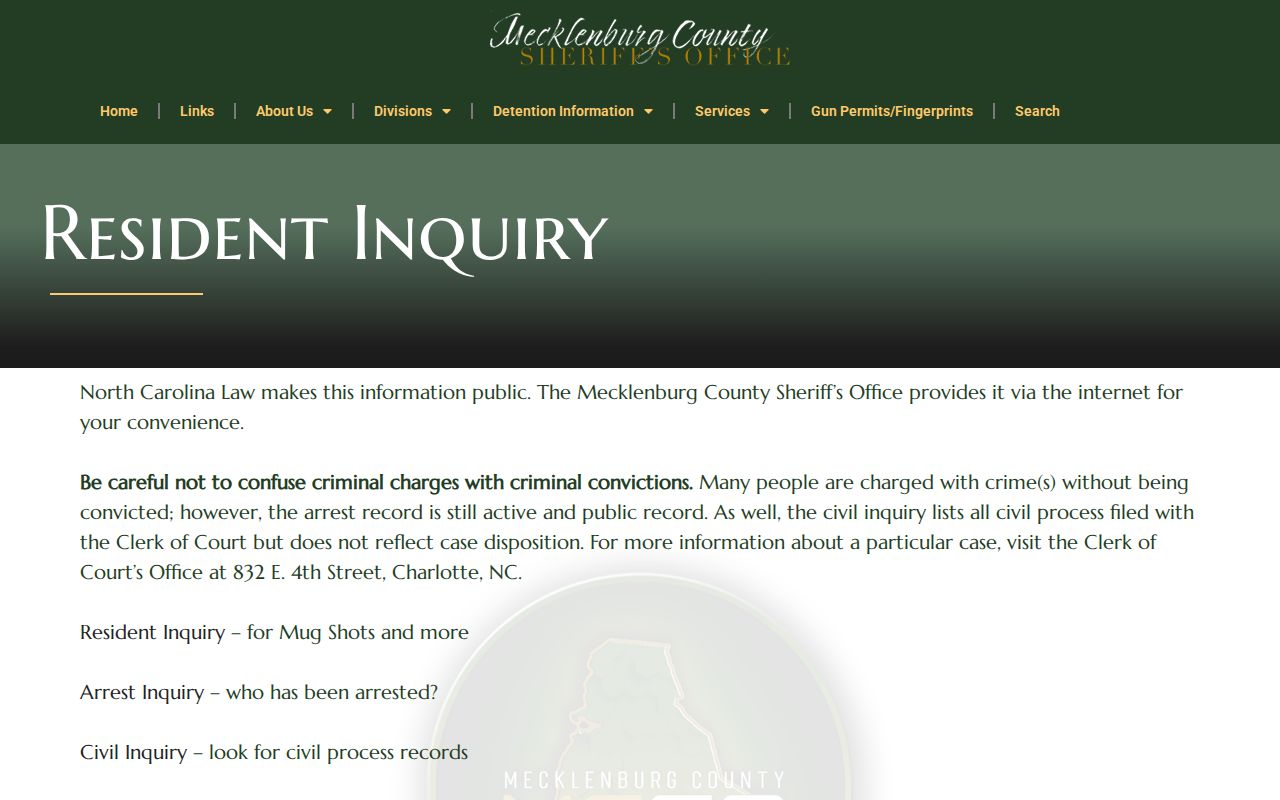 Matthews resident lookup Mecklenburg Sheriff arrest inquiry information