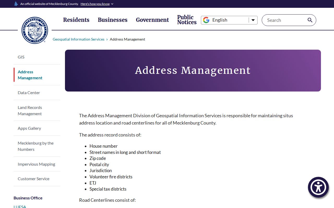 Matthews street directory Mecklenburg address management page