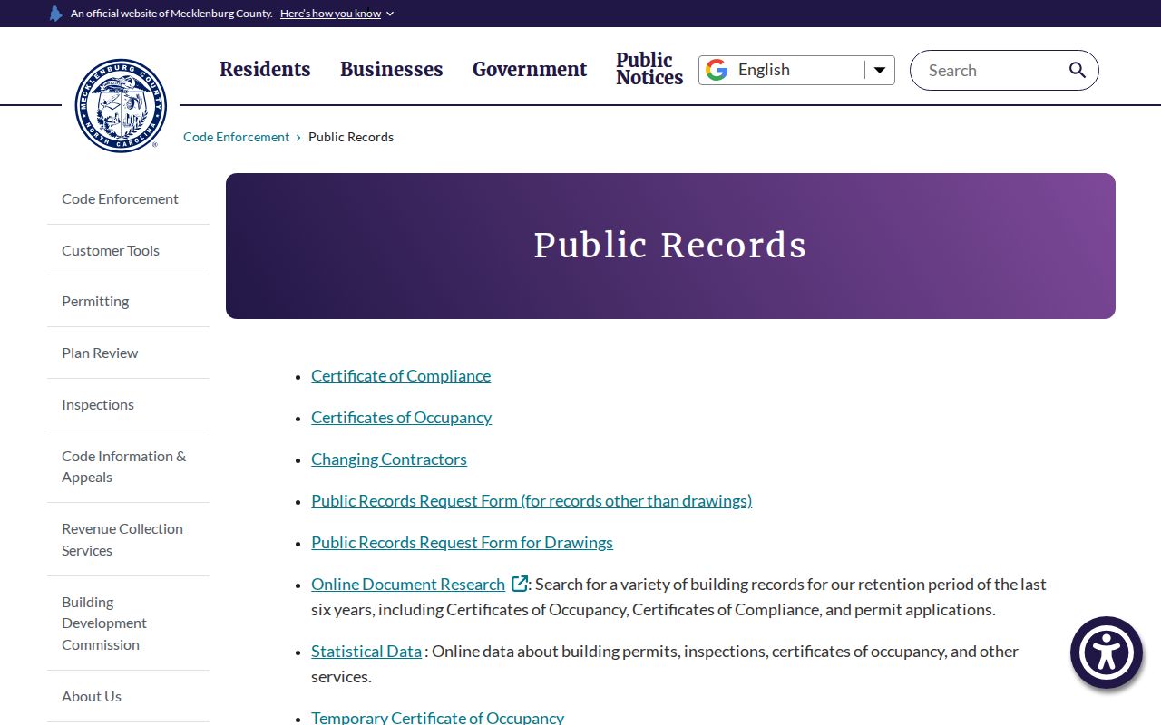 Matthews street directory Mecklenburg Code Enforcement records page